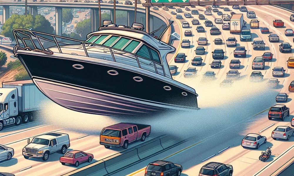 Uncontrolled boat skims over California freeway, narrowly avoiding vehicles in Bellflower.